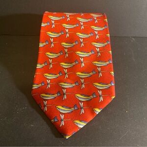 Tiffany & Co. Made In Italy Red w/Fish & Dragonflies Sz 57"x3.5" Silk Tie (TA6)